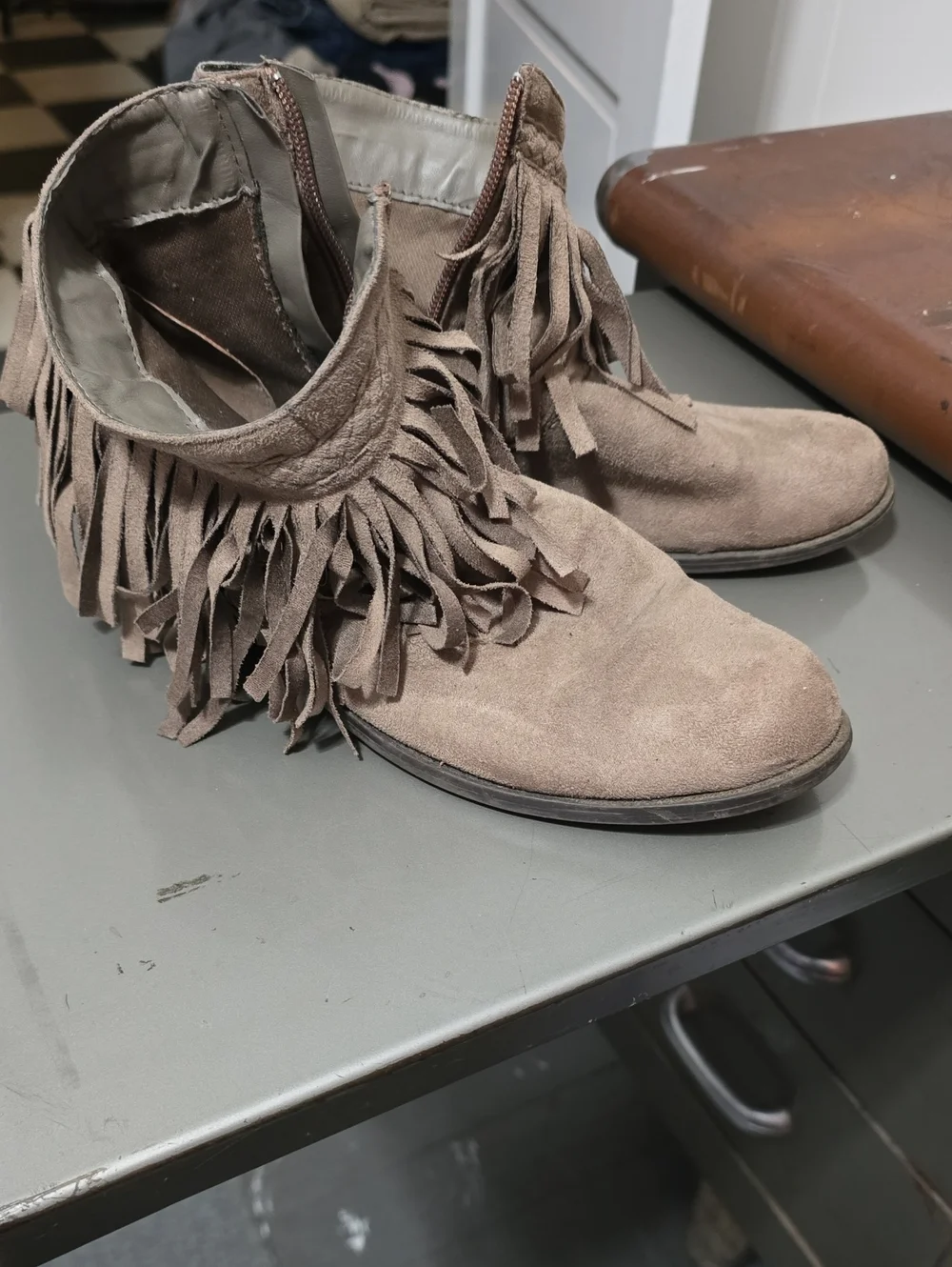 Refresh Taupe Suede Fringe Ankle Booties